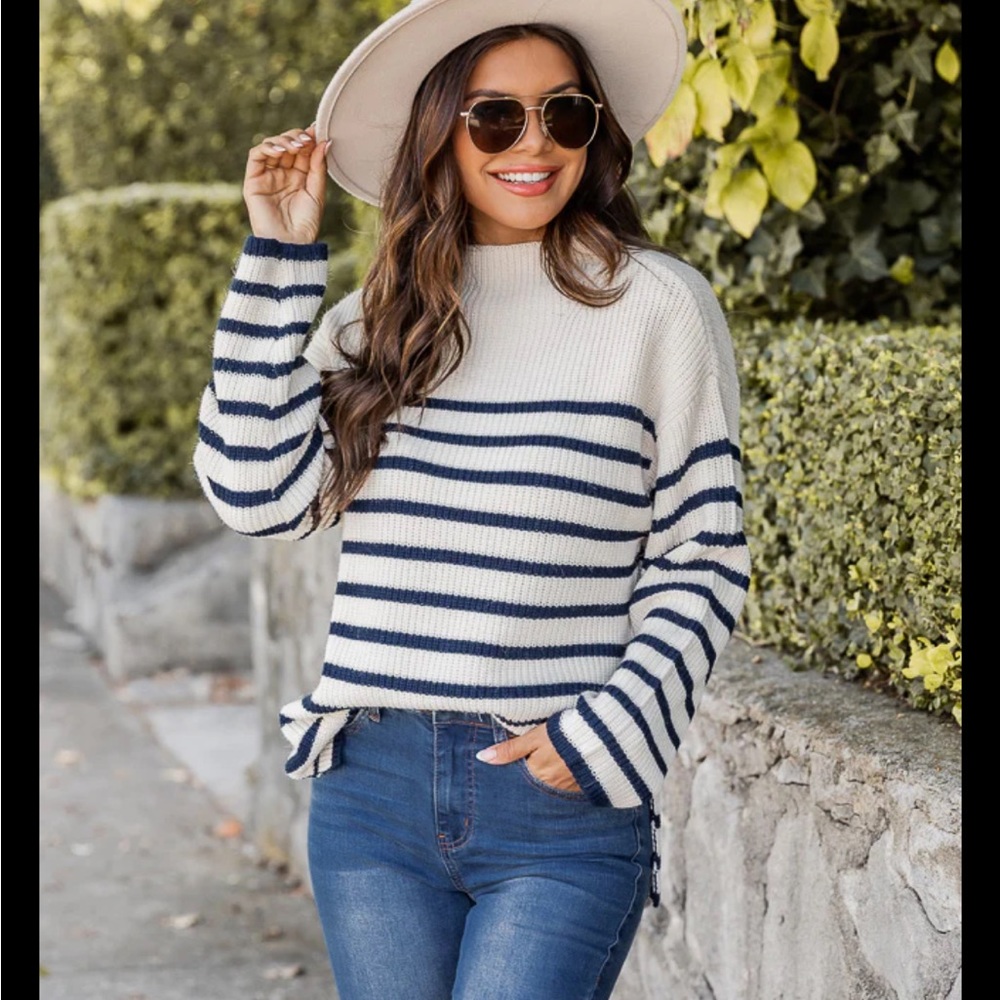 NAVY Striped Mock Neck Sweater - Pink Lily